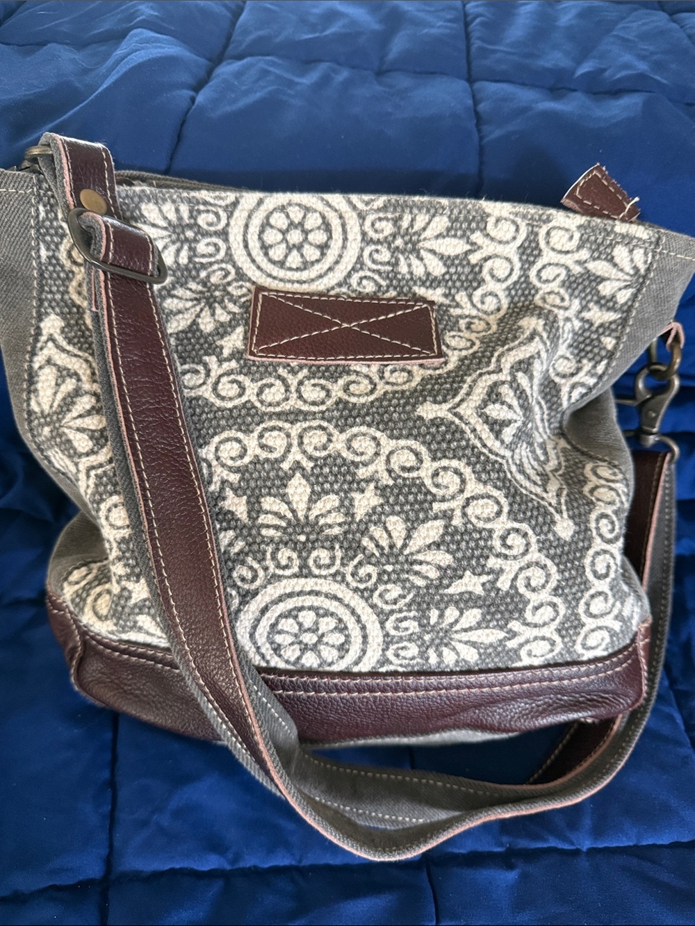 Myra Bag gray and cream Patterned Crossbody with Brown Leather Trim